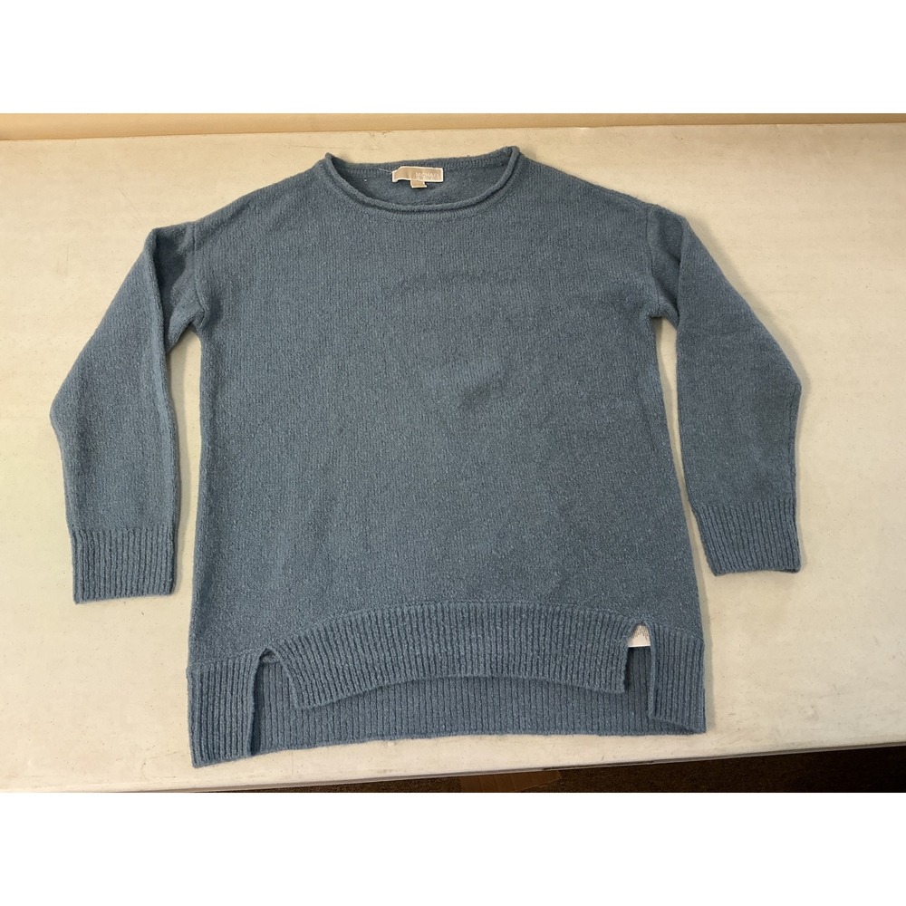 Michael Kors Womens Blue Wool Blend Knit Pullover Sweater Small Side Slits Logo
